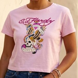 Y2K Ed Hardy Light Pink Snake Skull Tattoo Graphic Art XLarge Cropped Tee NYC